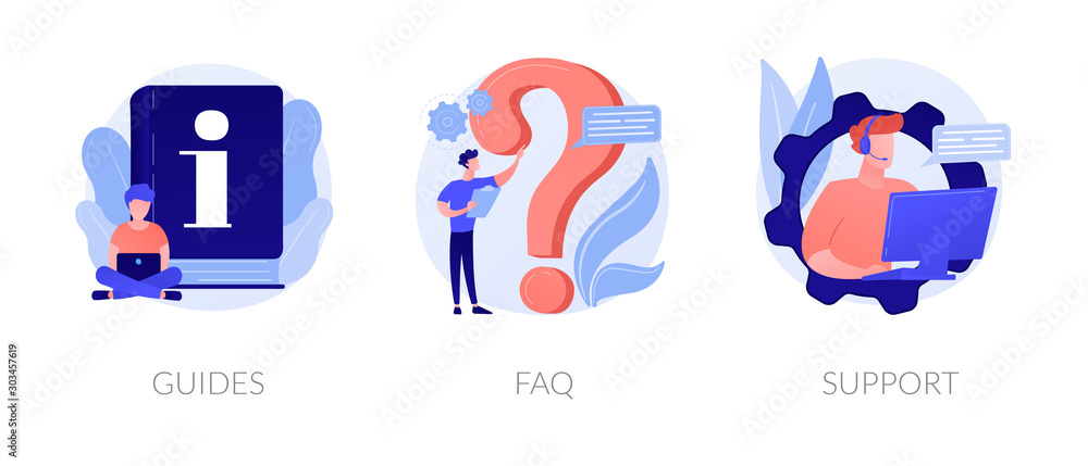 Info center, customer online communication web icons set. Helpdesk, clients assistance, helpful information. Guides, FAQ, support metaphors. Vector isolated concept metaphor illustrations Info center, customer online communication web icons set. Helpdesk, clients assistance, helpful information. Guides, FAQ, support metaphors. Vector isolated concept metaphor illustrations