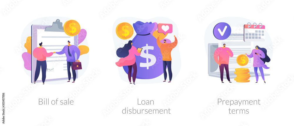 Financial agreement signing flat icons set. Legal document, business papers. Bill of sale, loan disbursement, prepayment terms metaphors. Vector isolated concept metaphor illustrations. Financial agreement signing flat icons set. Legal document, business papers. Bill of sale, loan disbursement, prepayment terms metaphors. Vector isolated concept metaphor illustrations.