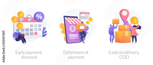 Customer loyalty flat icons set. Order cashback, e commerce service. Early payment discount, deferment of payment, cash on delivery cod metaphors. Vector isolated concept metaphor illustrations.