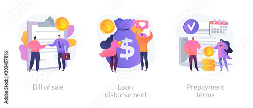 Financial agreement signing flat icons set. Legal document, business papers. Bill of sale, loan disbursement, prepayment terms metaphors. Vector isolated concept metaphor illustrations.