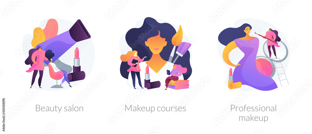Stylist services flat icons set. Hairdressing procedures, beautician tutorial. Beauty salon, makeup courses, professional makeup metaphors. Vector isolated concept metaphor illustrations.