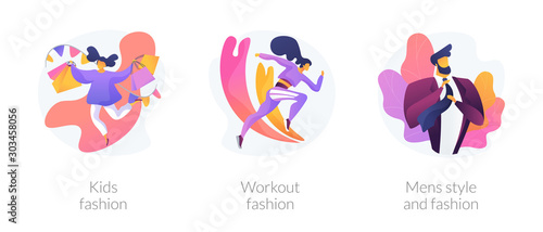 Children and adults clothes flat icons set. Female sportswear, male formal wear. Kids fashion, workout fashion, mens style and fashion metaphors. Vector isolated concept metaphor illustrations.