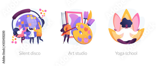 Modern recreation flat icons set. Active leisure, nightclub party, healthy lifestyle. Silent disco, art studio, yoga school metaphors. Vector isolated concept metaphor illustrations.