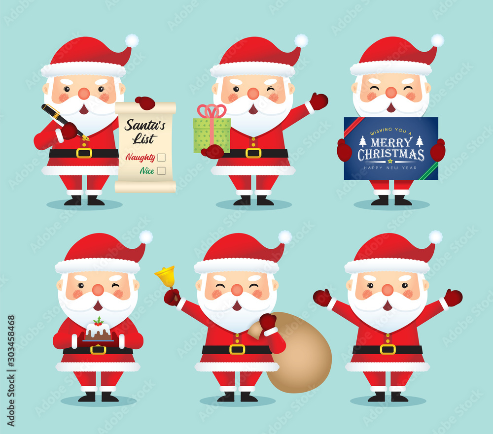 Set of cartoon santa claus in different pose isolated on blue background. Christmas character in flat vector design. Xmas design element. Set of cartoon santa claus in different pose isolated on blue background. Christmas character in flat vector design. Xmas design element.