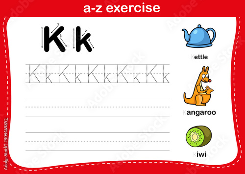 Alphabet a-z exercise with cartoon vocabulary illustration, vector