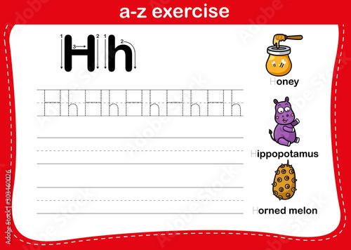 Alphabet a-z exercise with cartoon vocabulary illustration, vector