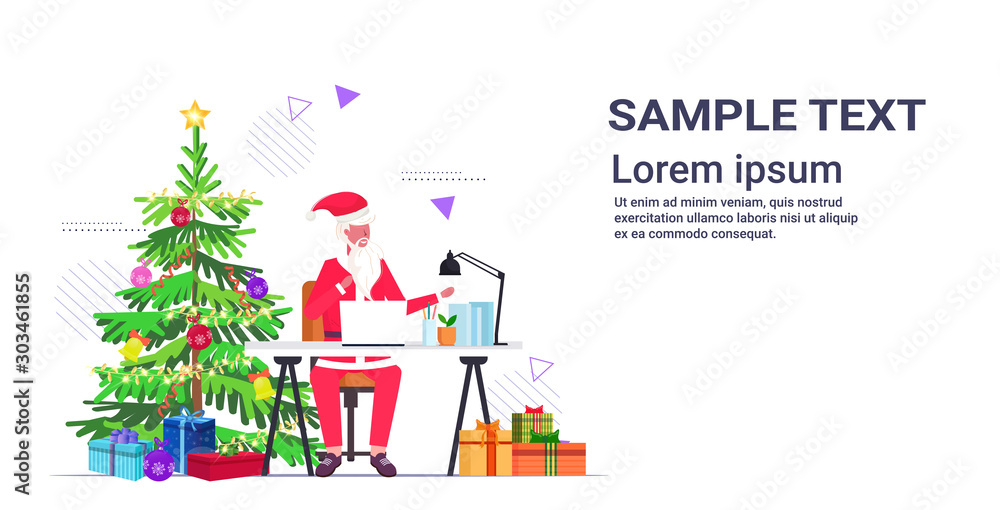 santa claus using laptop sitting at workplace near fir tree with gift boxes merry christmas new year holidays celebration concept copy space horizontal full length vector illustration