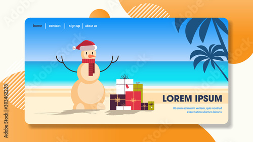 sandy christmas snowman with gift present boxes happy new year vacation holiday celebration concept tropical beach seascape background full length flat horizontal copy space vector illustration