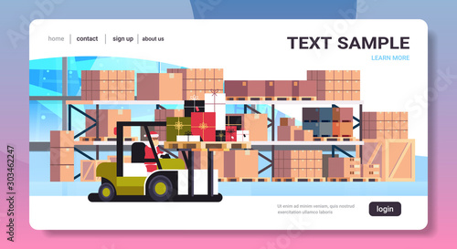 santa claus on forklift truck loading colorful gift present boxes delivery and shipping concept merry christmas happy new year winter holidays celebration horizontal warehouse interior copy space