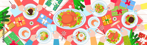 hands holding fork and knife eating food on christmas new year dinner table roast duck and side dishes winter holiday celebration concept top angle view horizontal banner vector illustration