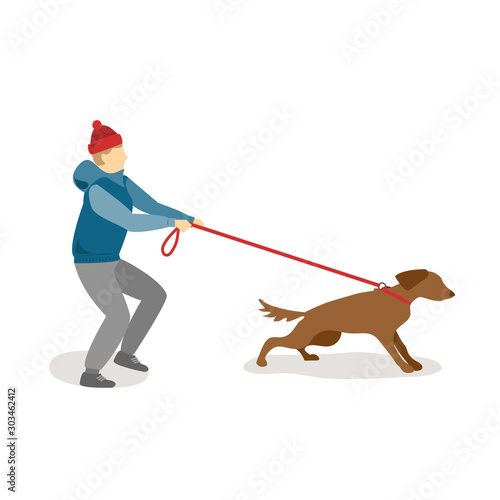 Boy walking a dog. Flat vector illustration.