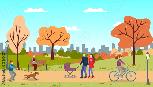 Autumn park. Walking people.