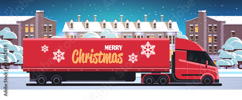 delivery semi truck driving city street shipping transport for merry christmas happy new year winter holidays celebration concept horizontal snowy cityscape background flat vector illustration