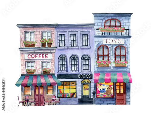 Shop street, houses, cafe, european, old town, city, watercolor houses , can be used as print, illustration, invitation, postcard, label.