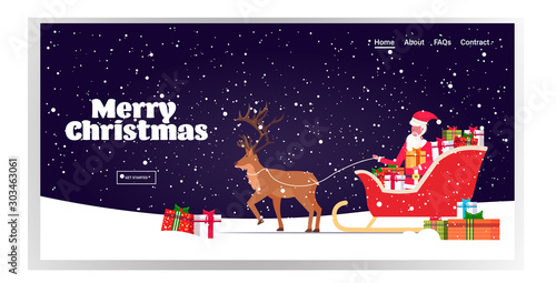 santa claus riding in sledge with reindeer merry christmas happy new year winter holidays celebration concept greeting card horizontal snowfall background full length vector illustration