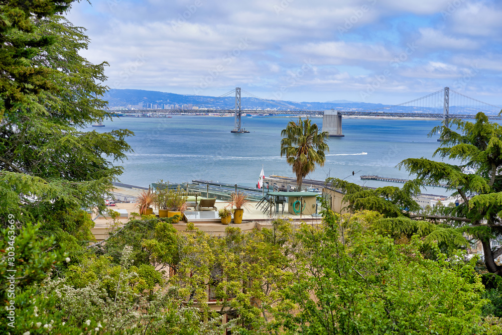 San Francisco, CA, USA - May 15, 2018: View of the suspension bridge over the San Francisco Bay in California between San Francisco and Auckland.