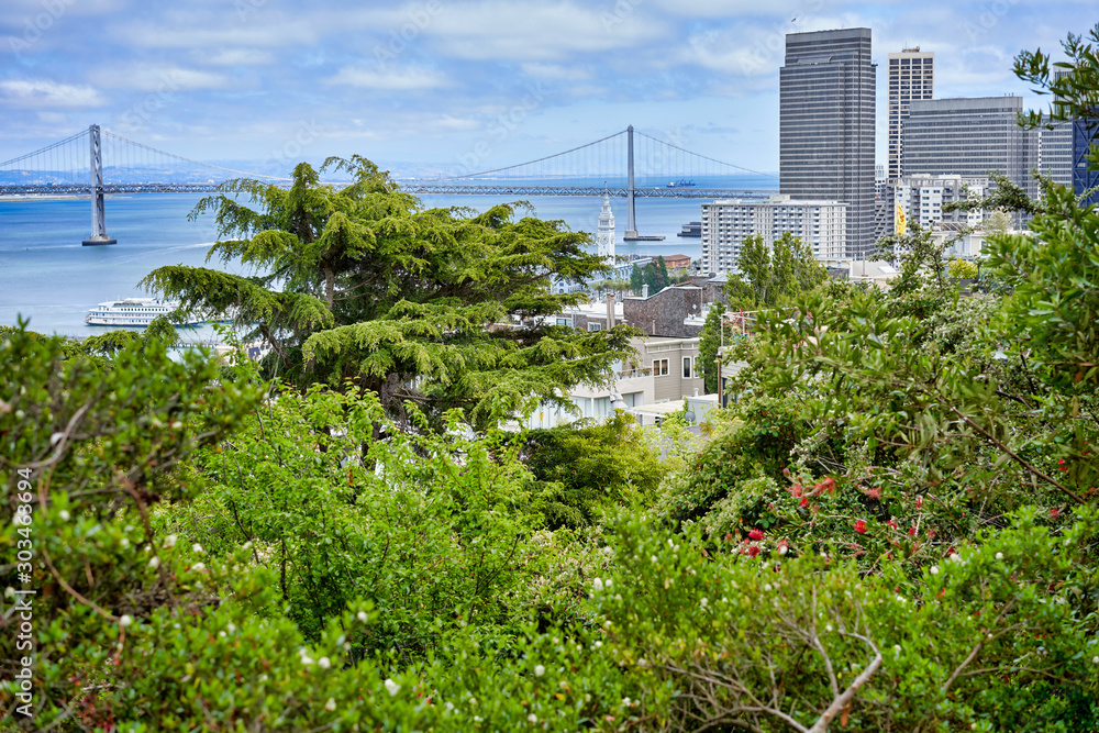 San Francisco, CA, USA - May 15, 2018: View of the suspension bridge over the San Francisco Bay in California between San Francisco and Auckland.