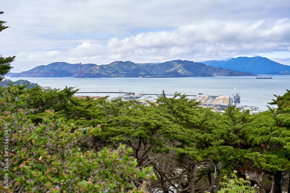 San Francisco, CA, USA - May 15, 2018: View of the San Francisco Bay from the observation deck of Columbus. Hilly terrain, cloudy, Golden Gate Bridge visible through tree crowns