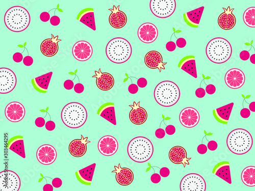Tropical mix fruits  Cherry  Grapefruit  Dragon fruit  Pomegranate and Watermelon slice pattern  isolated on green mint color background.Memphis style.Design for summer backdrop  Wallpaper.Vector.