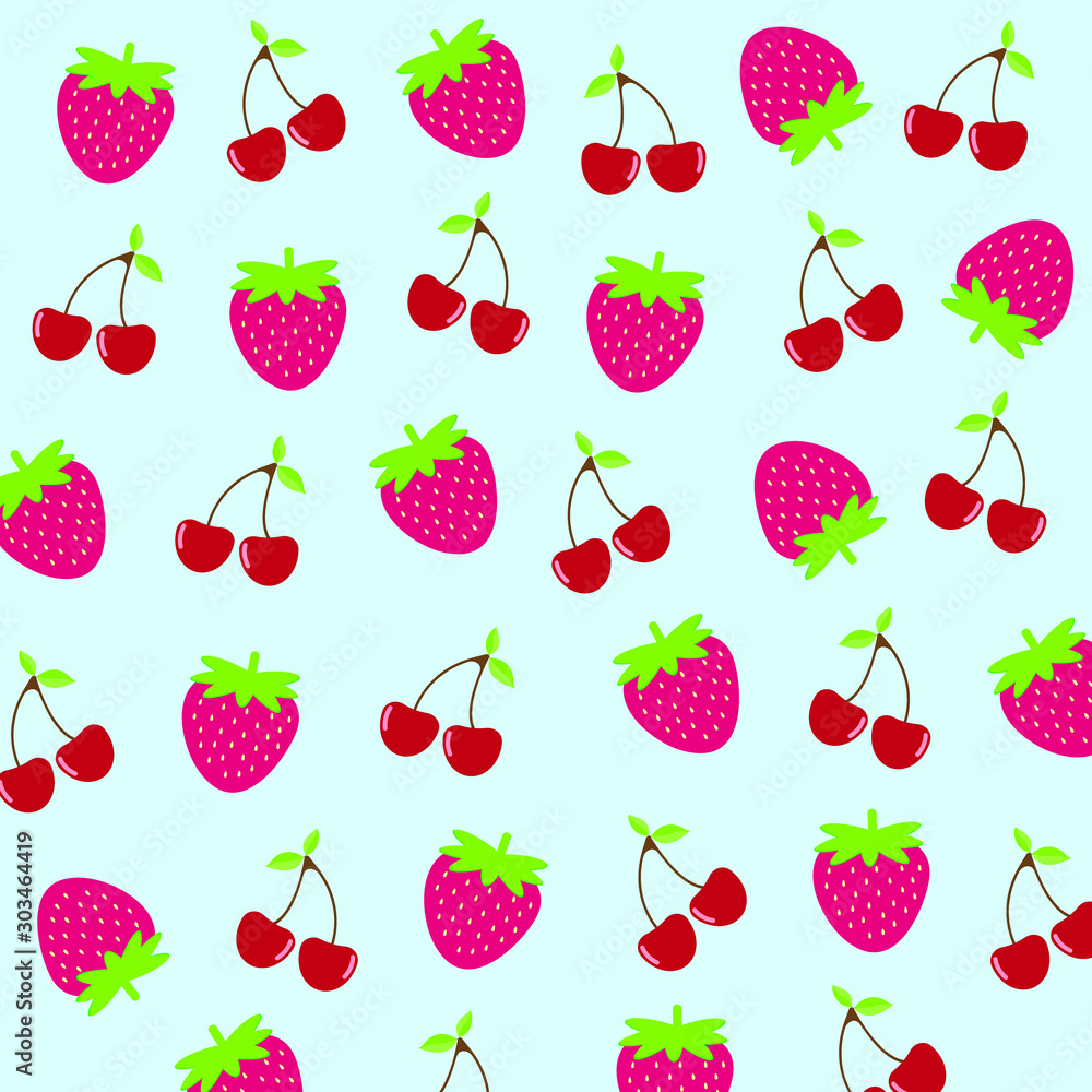 Cute berry fruits (Strawberry ,Acerola cherry) simple shape isolated on  blue pastel  for print screen backdrop ,Fabric and tile  pattern  fruit. Stock Vector | Adobe Stock