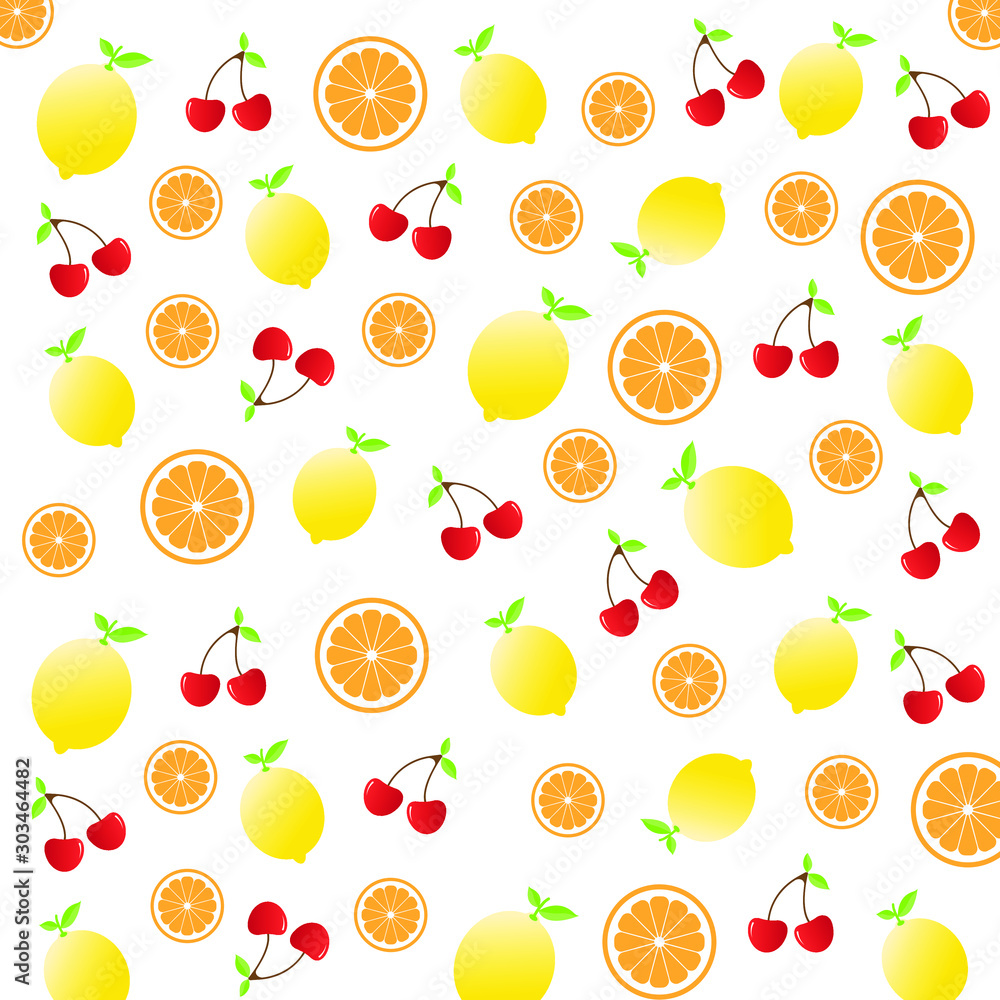 Fruit pattern.Cute fresh mix fruits (Lemon ,Orange slice ,Cherry) isolated on white background.Design for print screen backdrop ,Fabric and tile wallpaper.Cartoon fruits.Summer concept.Vector.