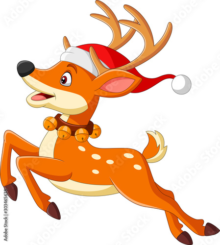 Cartoon deer in a santa hat jumping