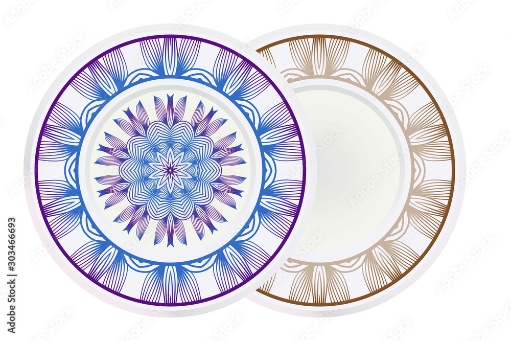 Vector set of two round frame and floral mandala ornament. For kitchen decoration, fashion print