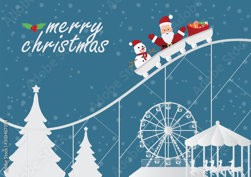 Christmas greeting card with christmas santa claus with snowman and gifts on the roller coaster on amusement park .