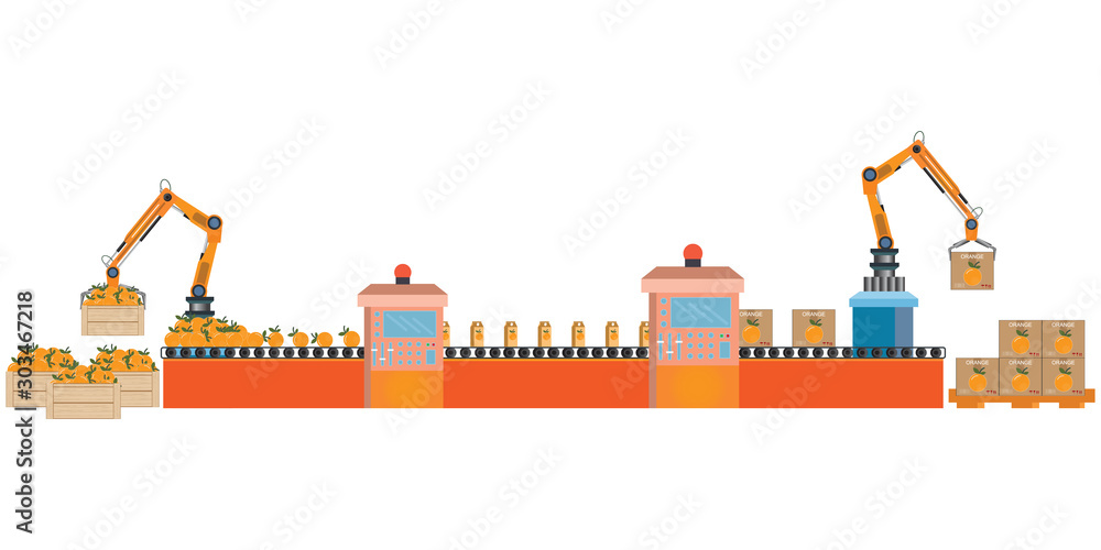 Factory packing conveyor orange juice of a box isolated on white.