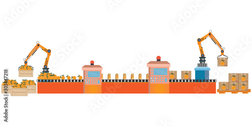 Factory packing conveyor orange juice of a box isolated on white.