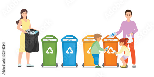 Family sorting garbage into garbage collector on isolated on white background.