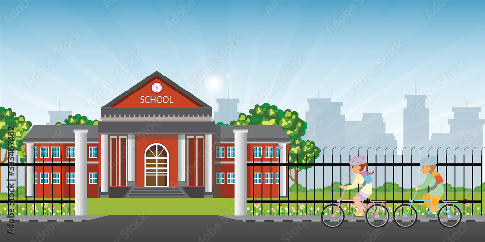 Ταπετσαρία Little kids riding a bicycle in front of school.