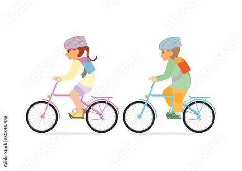 Little kids riding a bicycle isolated on white background.