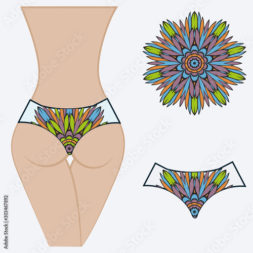 Woman panties briefs with mandala print. Flat vector iluustration. Fashion design.