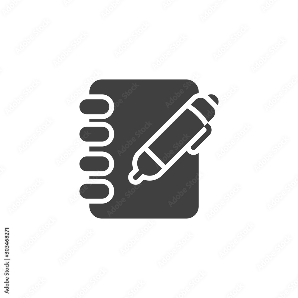 Pen and notebook page vector icon. filled flat sign for mobile concept and web design. Note pad paper and pencil glyph icon. Symbol, logo illustration. Vector graphics Pen and notebook page vector icon. filled flat sign for mobile concept and web design. Note pad paper and pencil glyph icon. Symbol, logo illustration. Vector graphics