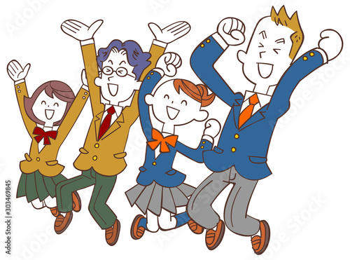 左を向いて喜んでジャンプする男女の学生