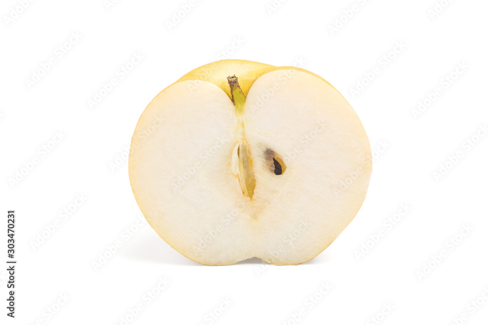 Golden Chinese pear that is cut in half on white background with clipping path. Golden Chinese pear that is cut in half on white background with clipping path.