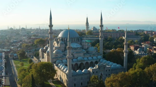 Aerial flyby of the Suleymanie Mosque in Istanbul, Turkey photo