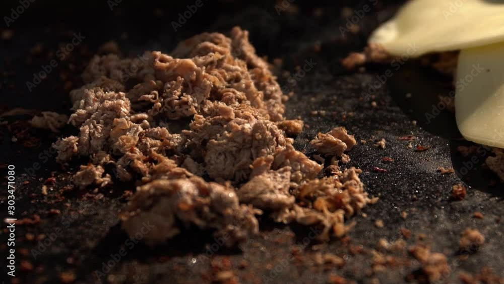 Slow Motion Grilling Cheesesteak Meat