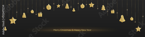 Long banner with are hanging Christmas decorations. Golden christmas toys hang on golden threads and are lighting with glitters. Template for billboard, poster, cover. Vector 3d illustration