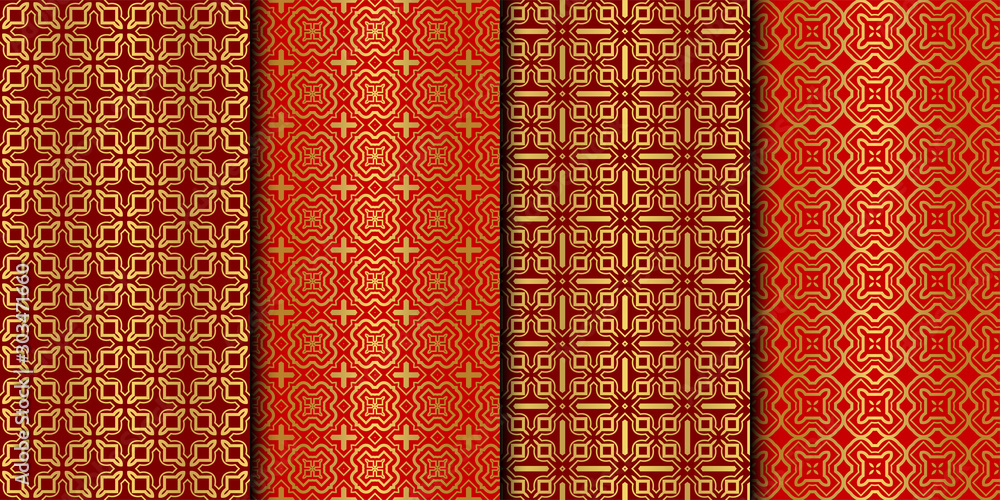 Set of Seamless Pattern With Abstract Geometric Style. Repeating Sample Figure And Line. Vector illustration. red gold color. Set of Seamless Pattern With Abstract Geometric Style. Repeating Sample Figure And Line. Vector illustration. red gold color.