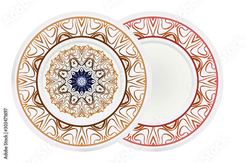 Set of round floral frame and mandala ornament. Vector illustration.