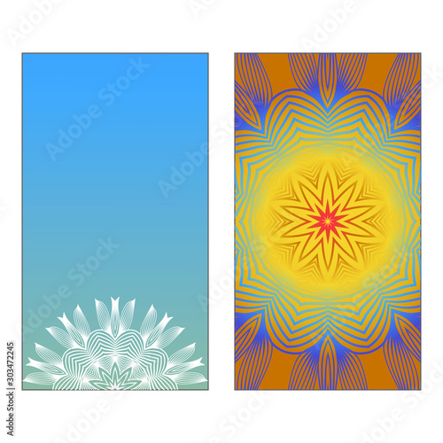 Yoga Card Template With Mandala Pattern. Vector illustration. Blue, yellow, white color. For Visit Card, Business, Greeting Card Invitation. Islam, Arabic, Indian, Mexican Ottoman Motifs.