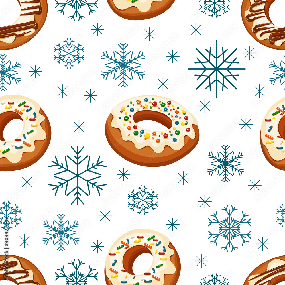 Donuts and snowflakes. Background image. Seamless pattern. On a white background donuts and blue snowflakes. Decor element. Vector illustration. Donuts and snowflakes. Background image. Seamless pattern. On a white background donuts and blue snowflakes. Decor element. Vector illustration.
