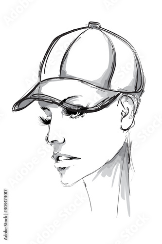 Fashion Girl. Girl in a cap Urban style. Fashion Girl sketch. Girl in a cap Urban style isolated on white background.