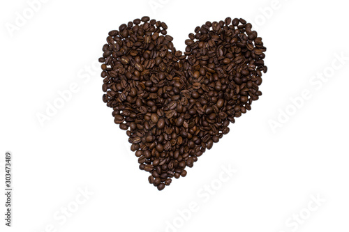 Heart shaped coffee beans on white background