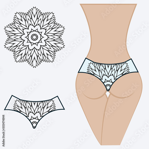 Fashionable design of women's swimming trunks. vector illustration. with a circular floral pattern