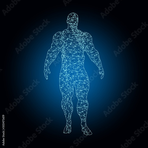 Bodybuilder silhouette. Icon of the posing athlete. Molecule and communication style icon. Connected lines with dots.