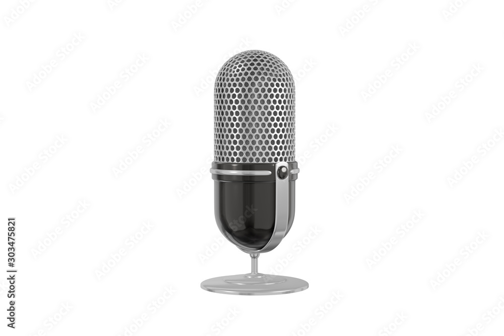 Concept minimalistic metallic black gray microphone cartoon style icolated white background. Icon website blog photographer, video, journalist, vloger. 3d rendering Concept minimalistic metallic black gray microphone cartoon style icolated white background. Icon website blog photographer, video, journalist, vloger. 3d rendering