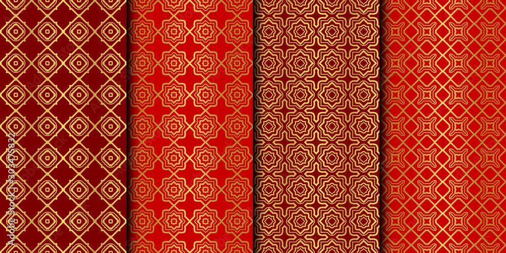 Set of Seamless Pattern With Abstract Geometric Style. Repeating Sample Figure And Line. Vector illustration. red gold color. Set of Seamless Pattern With Abstract Geometric Style. Repeating Sample Figure And Line. Vector illustration. red gold color.
